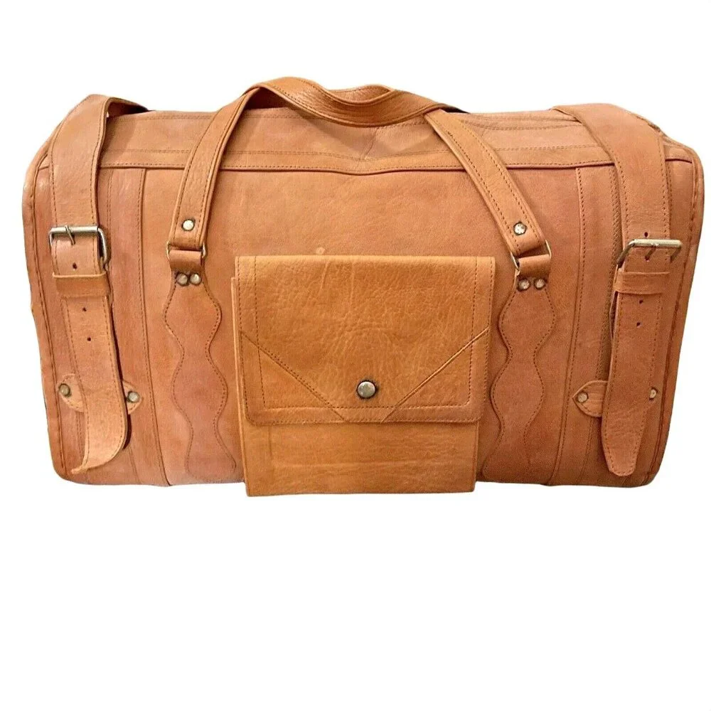 Vintage Tan Leather Duffel Bag Rustic Travel Weekender Overnight Luggage u